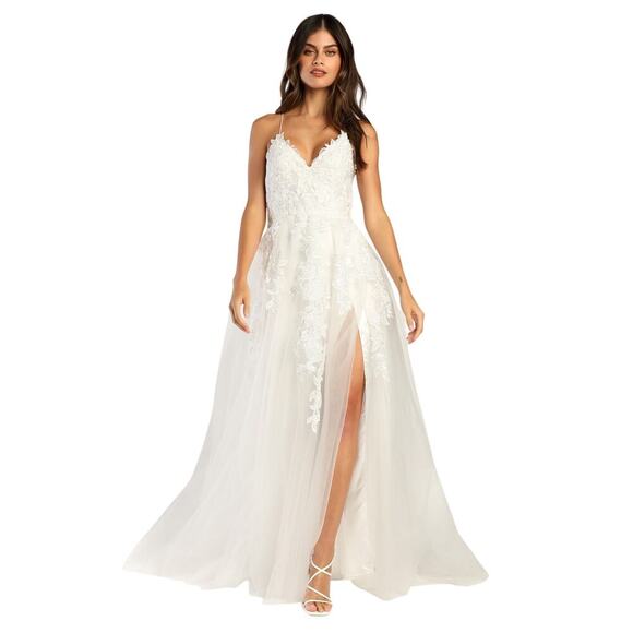 Lulus Vow to Cherish White Embroidered Lace-up Tulle Maxi Dress size 6 NWT - Picture 1 of 13